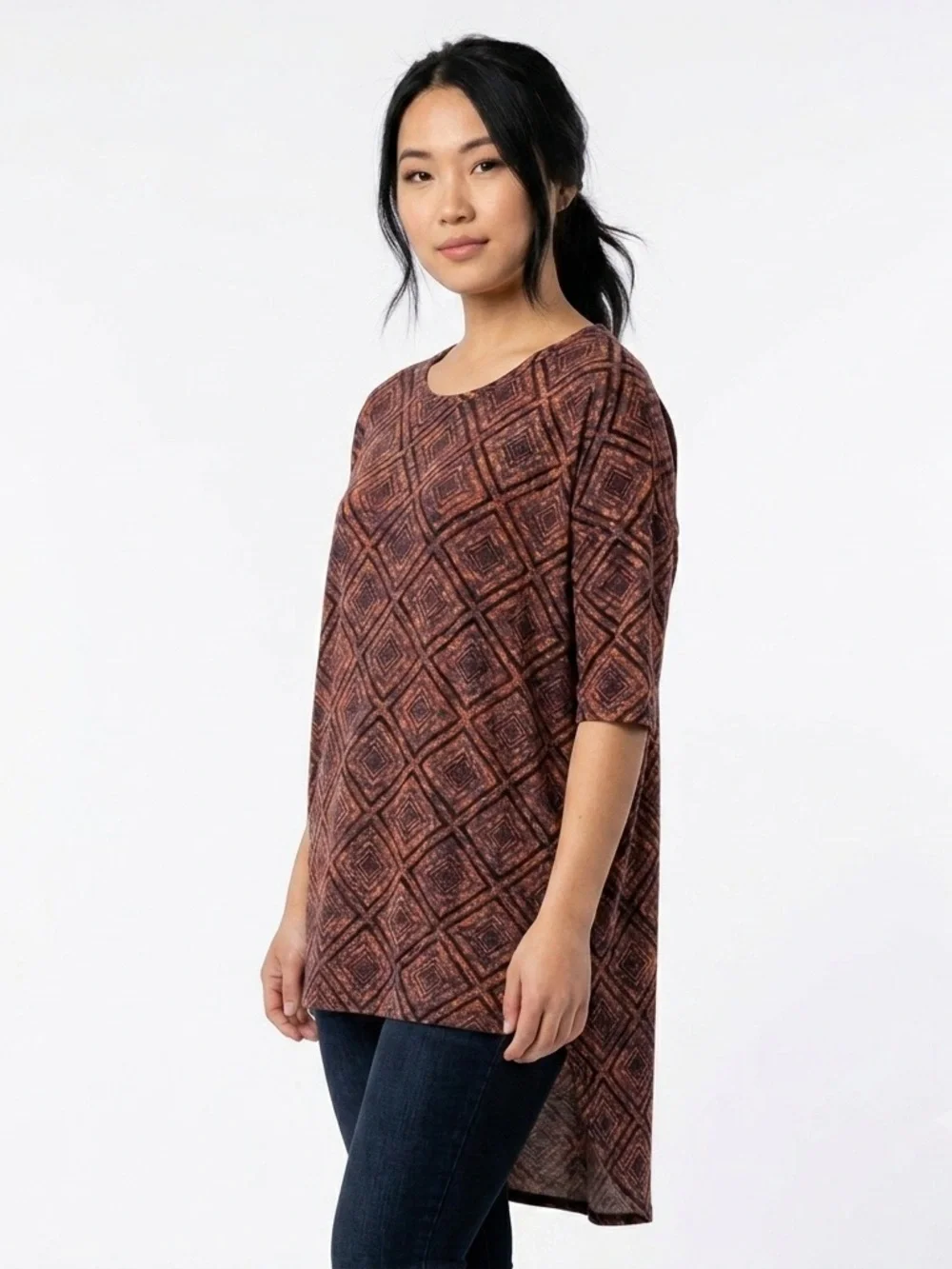 LuLaRoe Irma Tunic Top S Geometric Diamond Print Orange Black - Picture 1 of 6